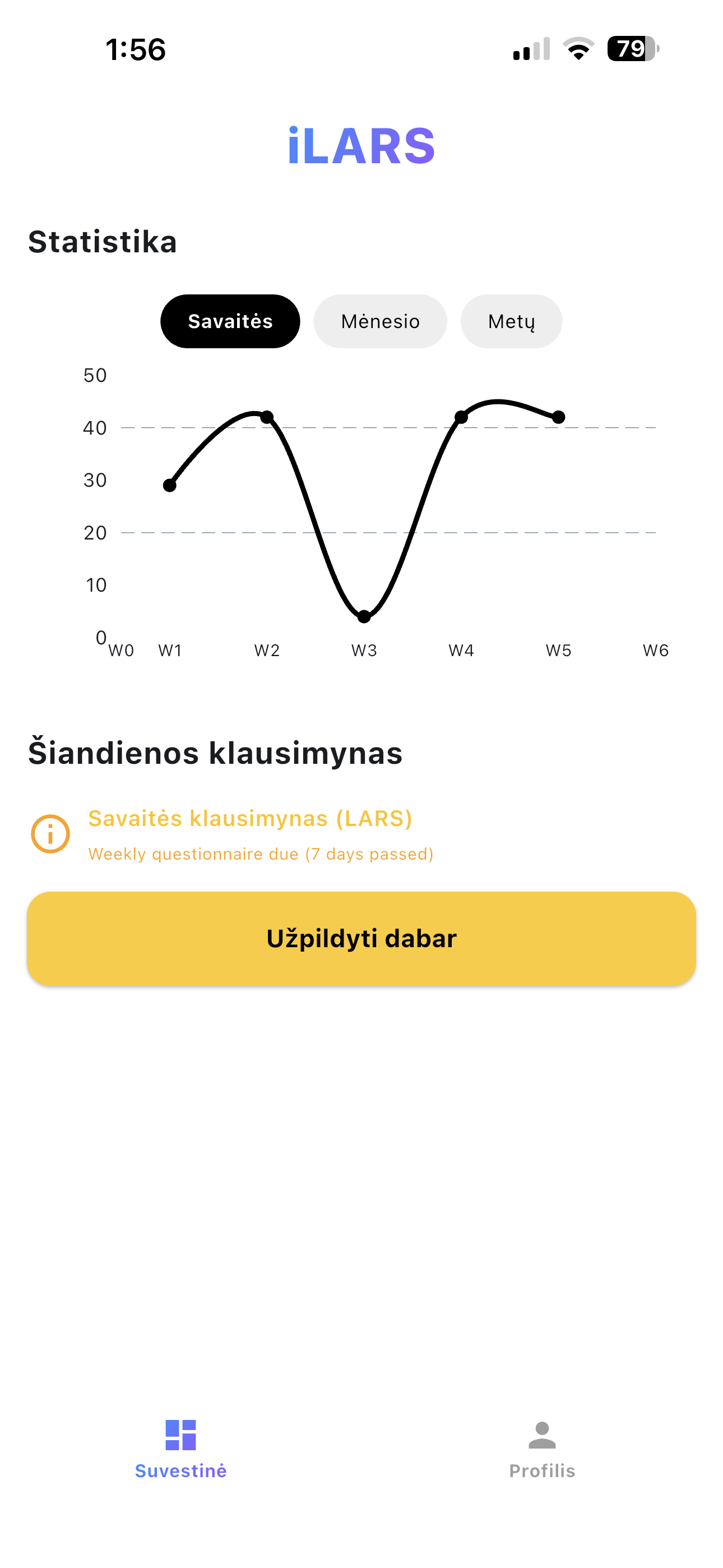 iLARS app daily symptoms screen